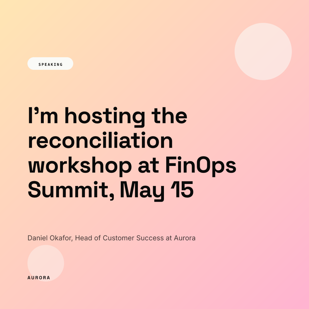 The same square speaker card filled by a second employee: the same gradient, pill and wordmark, with a longer headline I'm hosting the reconciliation workshop at FinOps Summit, May 15 wrapping to four lines, and the line Daniel Okafor, Head of Customer Success at Aurora