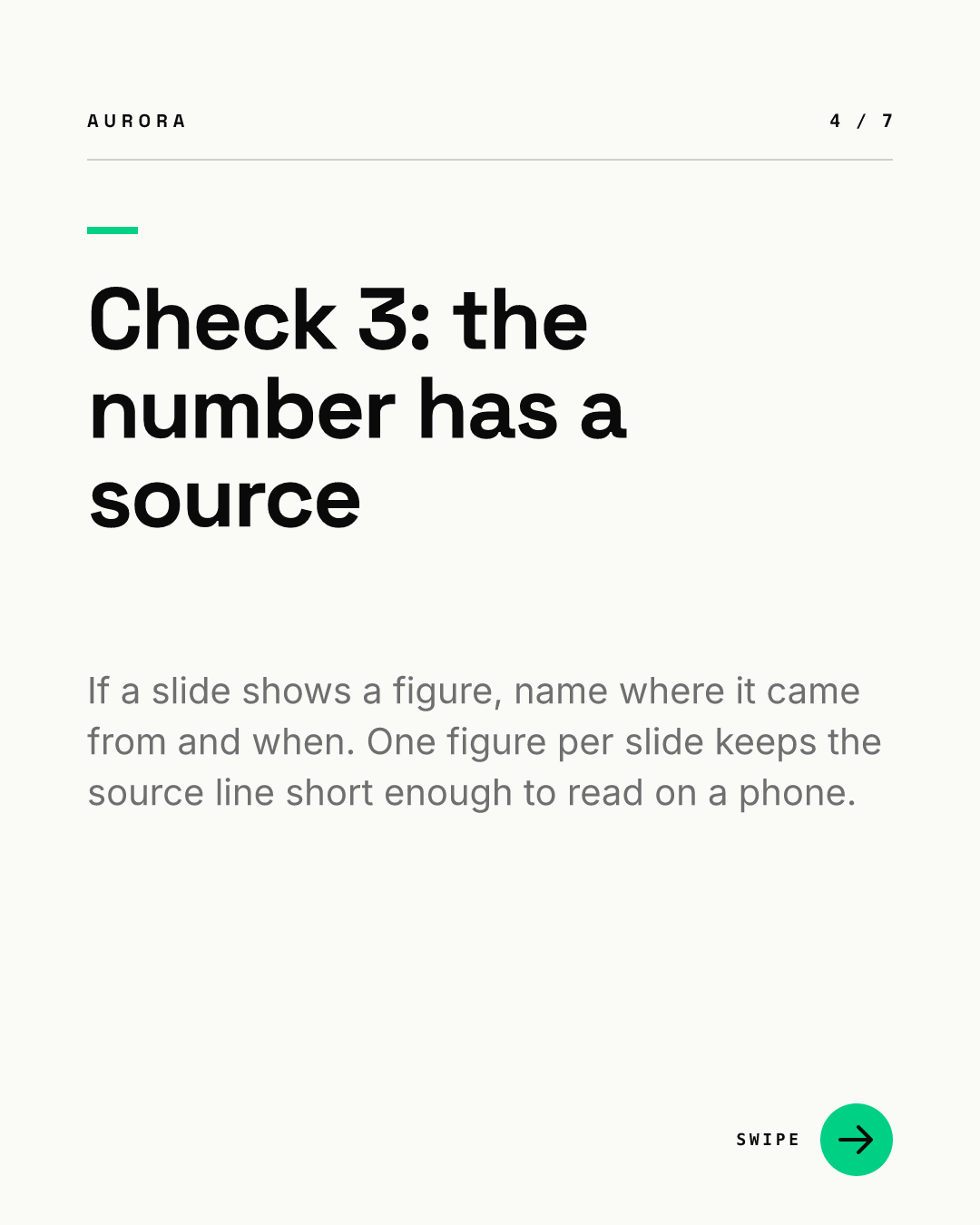 Slide 4 of 7: a headline reading Check 3: the number has a source, with a gray paragraph about naming where a figure came from and when, and keeping one figure per slide, counter 4 / 7
