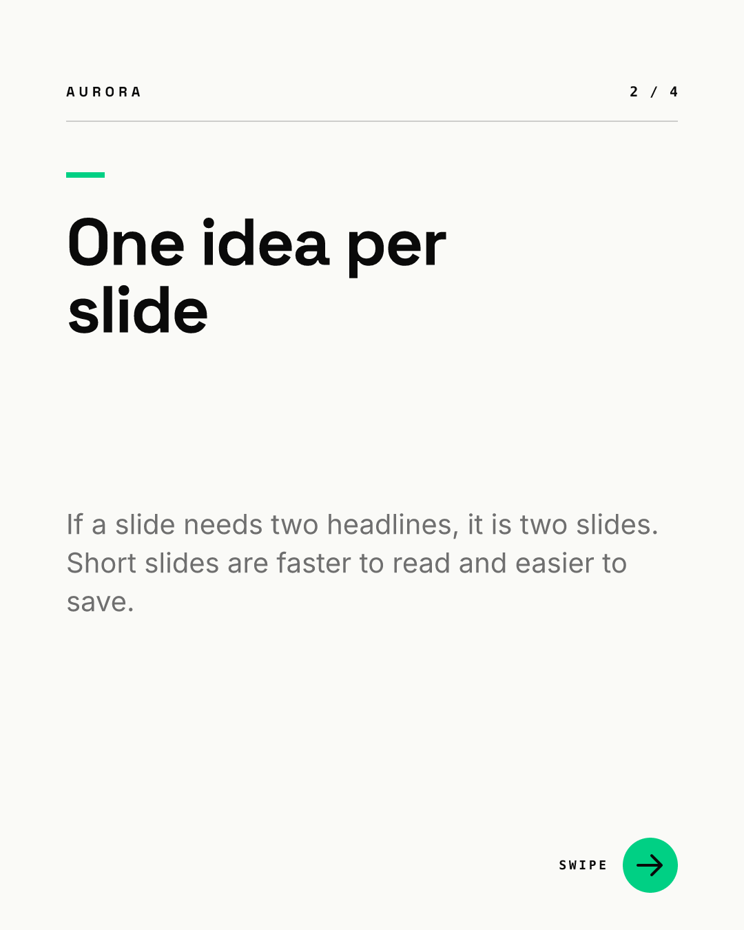 Slide 2 of 4, rendered from our AURORA demo brand: the same header with 2 / 4, a short green bar, the headline One idea per slide in large black type, a gray paragraph explaining that a slide with two headlines should be two slides, and the green SWIPE arrow