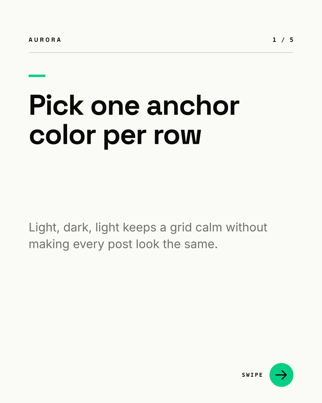 Grid tile 3, light: the headline Pick one anchor color per row in black with a short gray line of supporting text and a 1 / 5 counter
