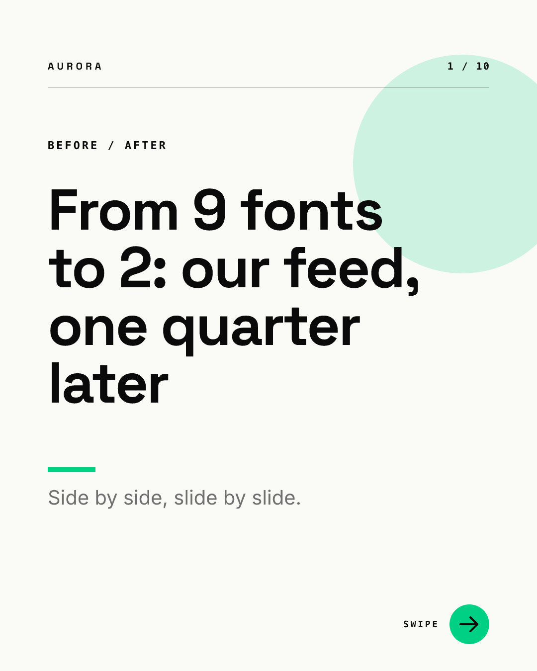 Carousel cover with a BEFORE / AFTER label, a headline reading From 9 fonts to 2: our feed, one quarter later, a subline reading Side by side, slide by slide, and a 1 / 10 counter