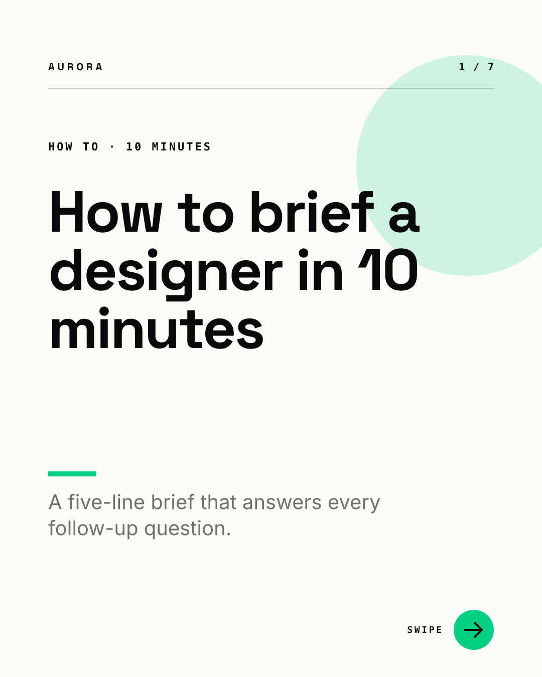 Carousel cover with a HOW TO · 10 MINUTES label, a headline reading How to brief a designer in 10 minutes, a subline about a five-line brief that answers every follow-up question, and a 1 / 7 counter