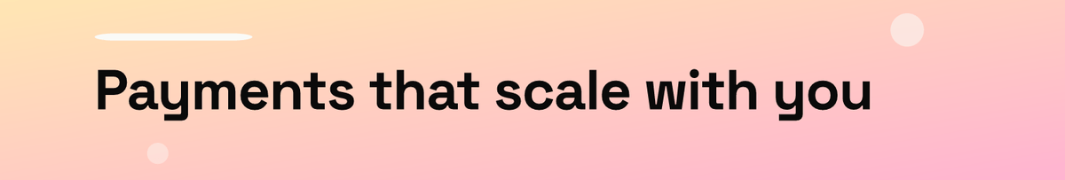LinkedIn Page cover rendered at 1512 x 256 px from our AURORA demo brand: a soft peach-to-pink gradient strip with the line Payments that scale with you in heavy black type, starting near the left edge and ending well before the right edge, a short white bar above it and two faint white circles as decoration