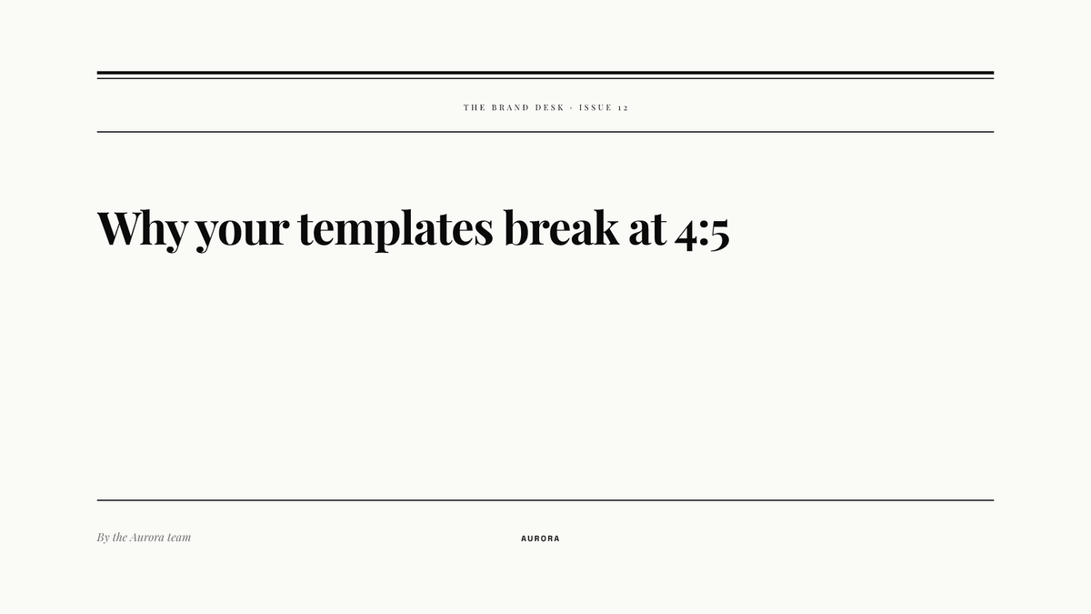 Wide 16:9 newsletter cover from the AURORA demo brand: double rules at the top, a small spaced label reading THE BRAND DESK · ISSUE 12, a large serif headline reading Why your templates break at 4:5 on the left, and a bottom rule with an italic byline and the AURORA wordmark