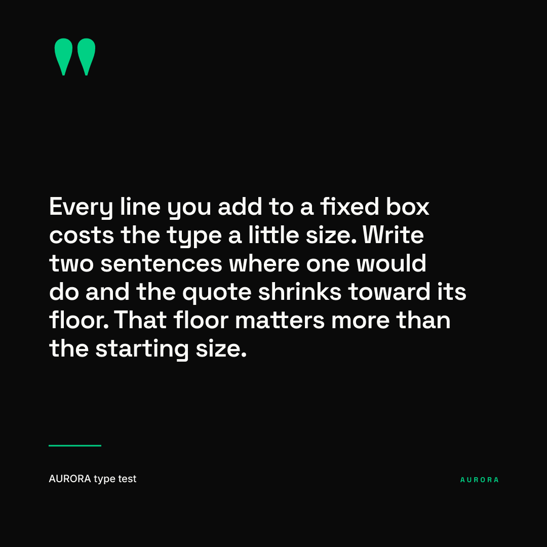 The same square quote card with a 190 character quote over six lines in white type, smaller again, with the green quotation mark and attribution line unchanged