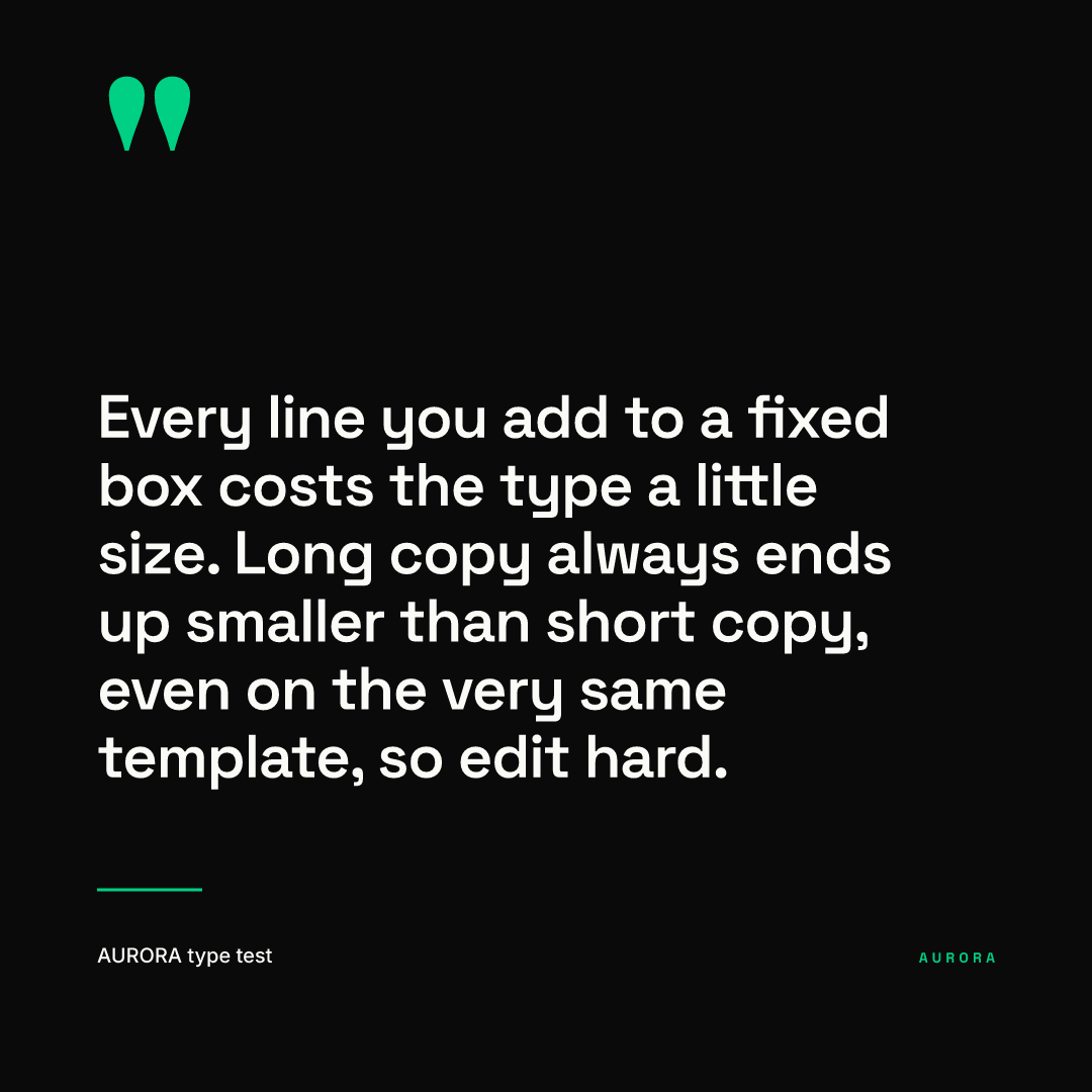 The same square quote card with a 159 character quote set over six lines in white type, visibly smaller than the two-line version, with the attribution line unchanged