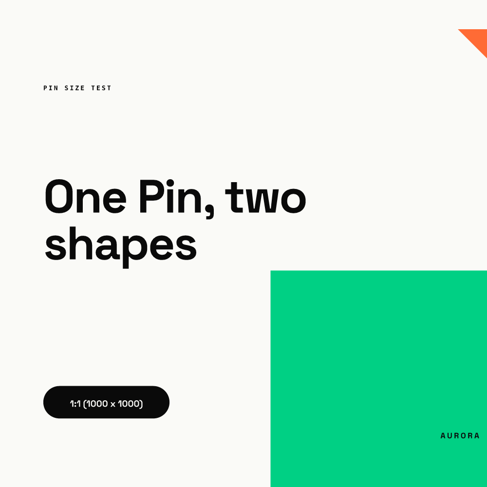 The same layout rendered from our AURORA demo brand at 1000 x 1000 px, 1:1: identical headline, a black 1:1 label pill, a green block on the lower right and a small orange corner triangle top right