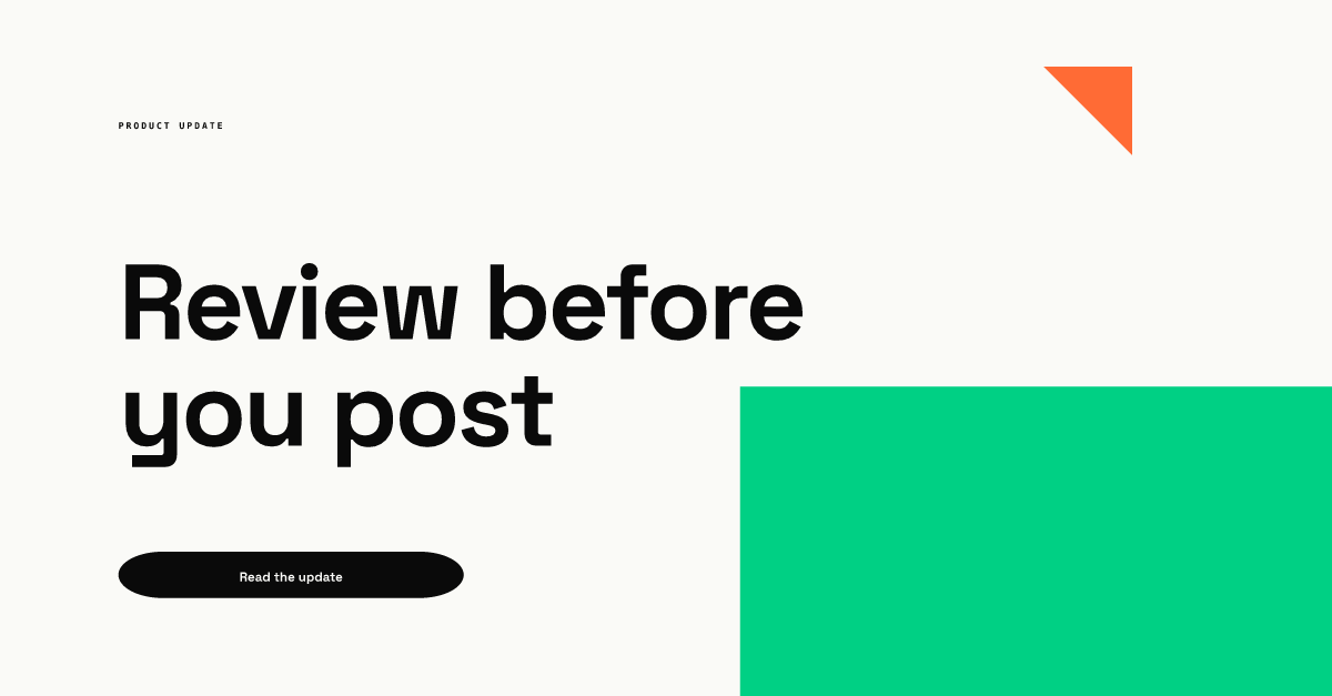 The same template at 1200 x 627: the headline in two lines at the upper left, the button directly under it, a wide green block low on the right and the orange triangle in the top right corner