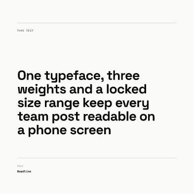 The same template and 99 character headline rendered natively at 393 by 393 pixels with different line breaks: the five-line headline is still legible while the small labels above and below it are barely readable