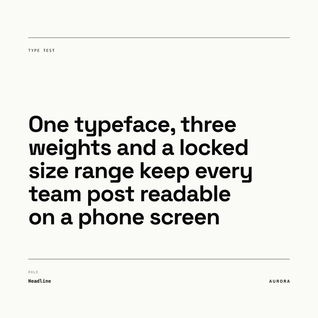 Square post rendered from our AURORA demo brand with a 99 character headline wrapped over five lines in black bold type, set slightly smaller than the two-word version and still inside its box