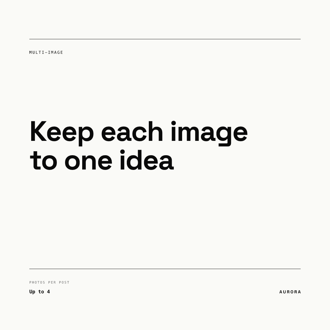 Square post rendered from our AURORA demo brand in a Swiss minimal layout: a headline about keeping each image to one idea between two rules, with a small photos-per-post label reading up to 4 at the bottom