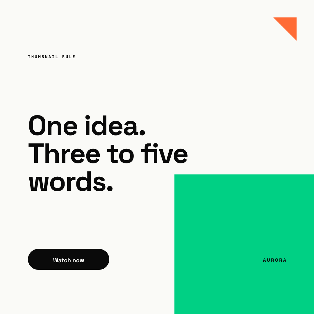 Square example rendered from our AURORA demo brand: a small THUMBNAIL RULE label, the headline "One idea. Three to five words." and a black Watch now button, a green block at the lower right and an orange triangle in the top corner